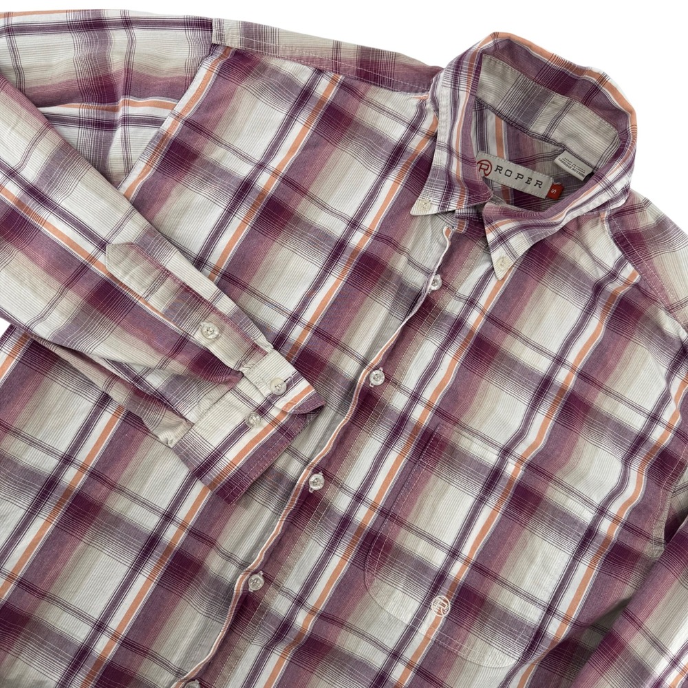 Roper Men's S Plaid Button Down Shirt Burgundy Tan Long Sleeve Cowboy Rodeo West